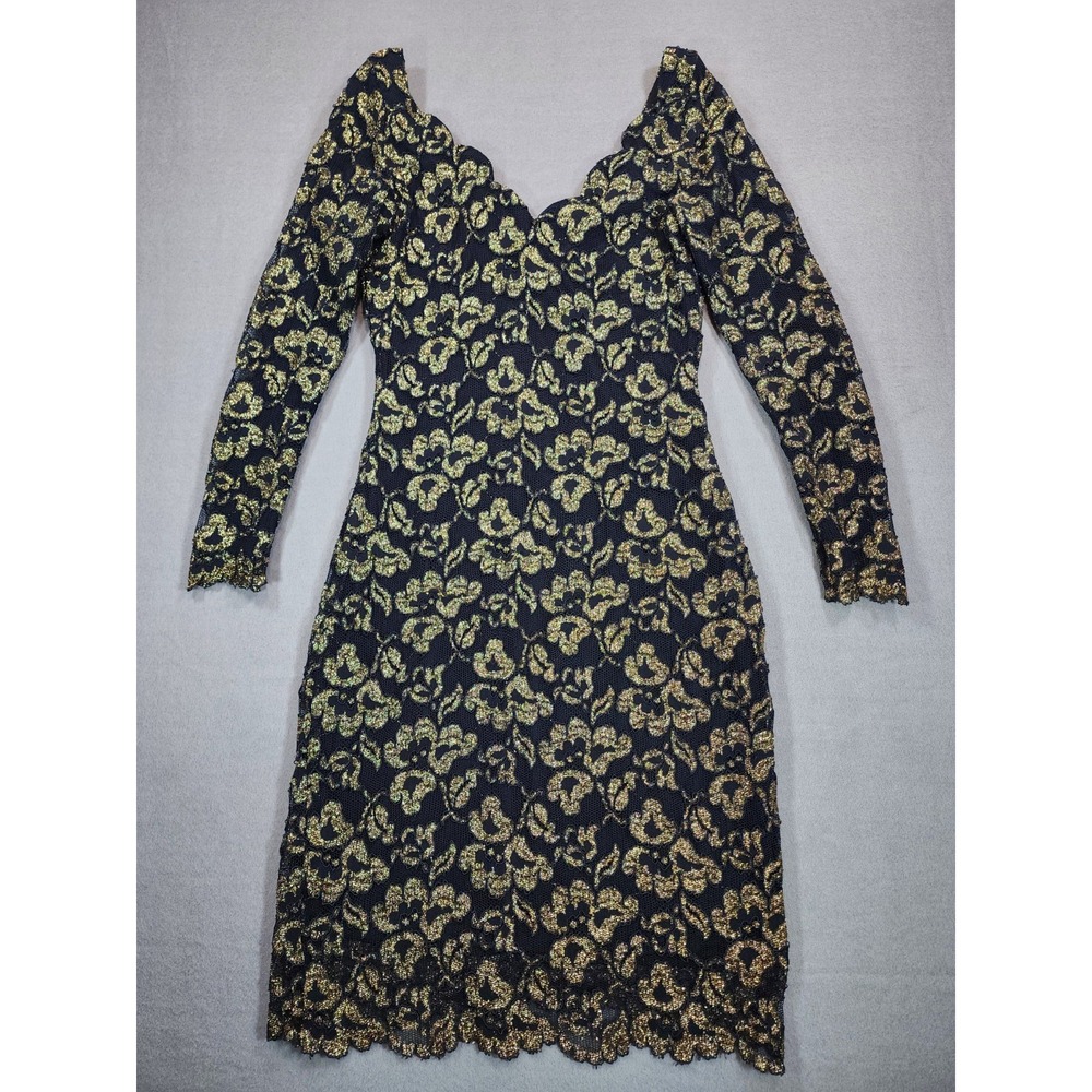 Vintage Molly Malloy All That Jazz Black Gold Metallic Lace Sheath Dress Size 8